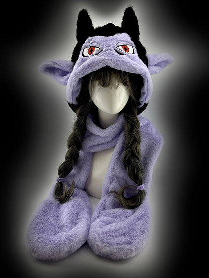 Black and Purple Vampire Gothic Winter Plush Hat with Scarf Gloves