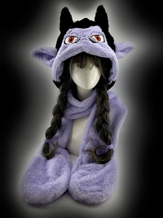 Black and Purple Vampire Gothic Winter Plush Hat with Scarf Gloves