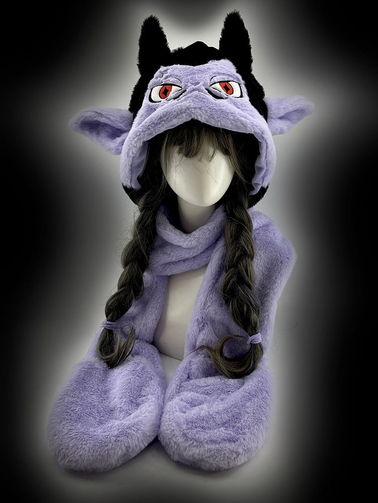Black and Purple Vampire Gothic Winter Plush Hat with Scarf Gloves