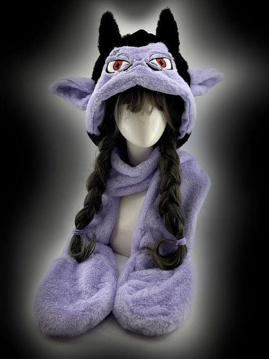 Black and Purple Vampire Gothic Winter Plush Hat with Scarf Gloves