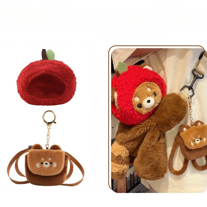 Cute Red Panda Brown 28/40 cm Plush Backpack/Crossbody Bag + Apple Hat + Red Panda/Apple Keychain