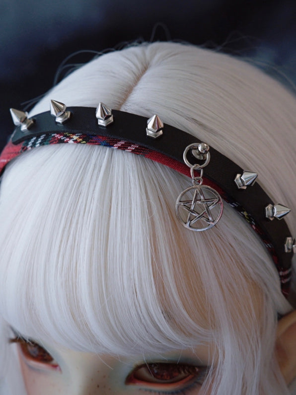 Black And Red Plaid Pattern With Studs And Pentagram Charm Design KC