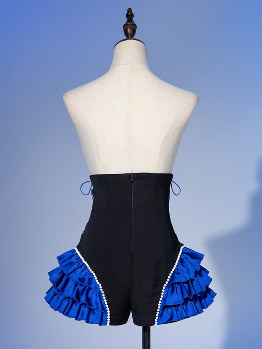 Deep Sea Blue Tiered Ruffle Cuffs Black Super High Waist Corset Shorts