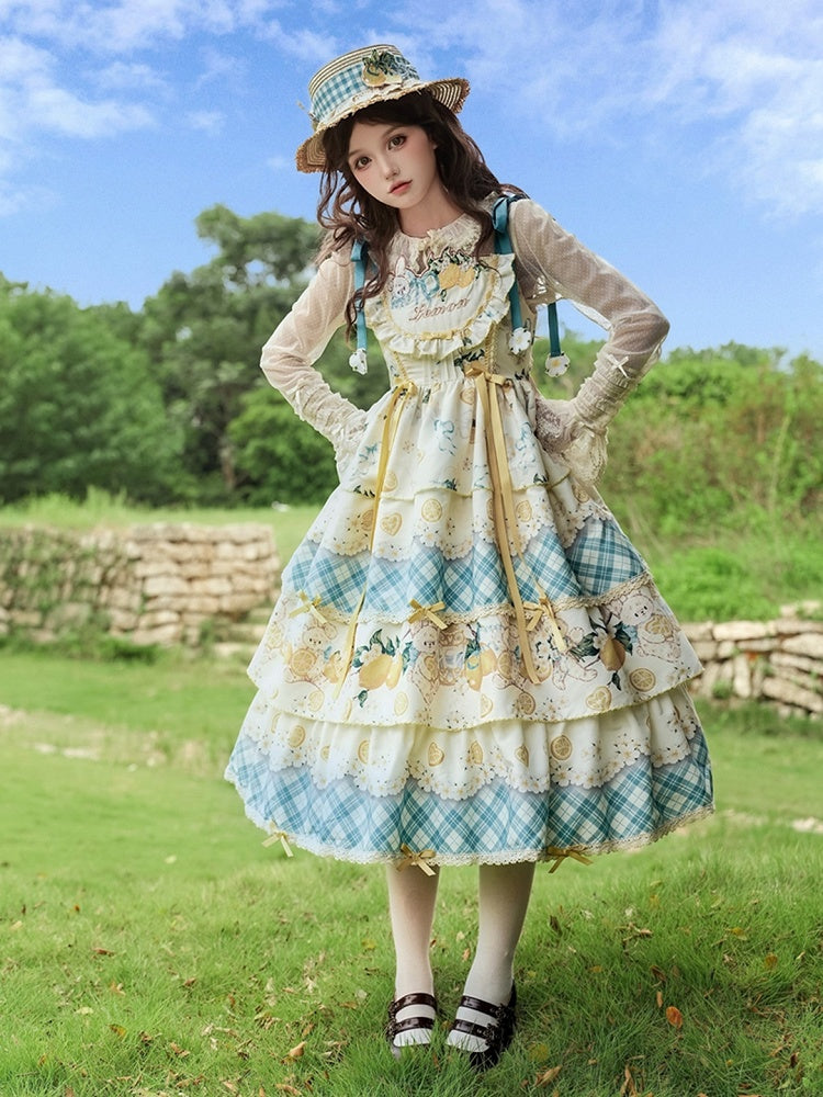 Blue & Yellow Lemon and Rabbit Print Country Lolita Dress with Plaid Pattern and Ruffled Layers