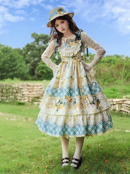 Blue & Yellow Lemon and Rabbit Print Country Lolita Dress with Plaid Pattern and Ruffled Layers