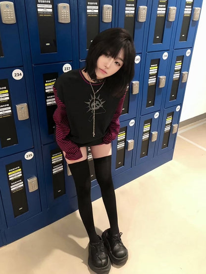 Y2K Black & Red Striped Color Block Top with Skeleton Print