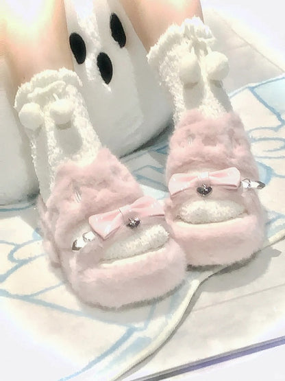 Rebellious Kitten Embroidery Slippers - Jirai Kei Pink Plush Platform with Bow & Heart Charm