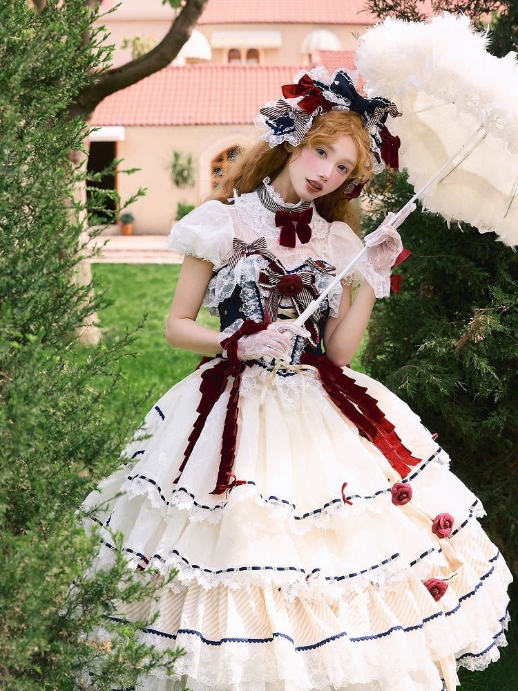 Beige and Dark Blue Lace Blouse with Detachable Sleeves