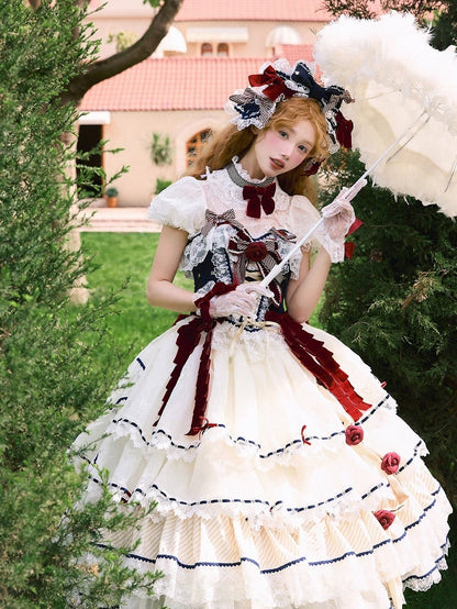 Beige and Dark Blue Lace Blouse with Detachable Sleeves