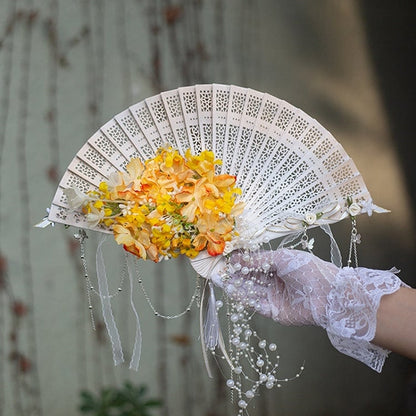 Purple/Green/Pink/Yellow Beaded Charm Floral Design Folding Fan