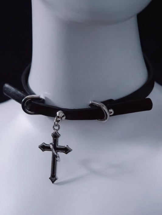 Handmade Black Cross Pendant Gothic PU Choker