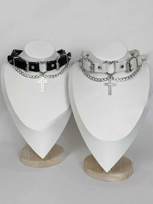 Black/White Punk Cross Pendant Studs Details Buckles Design Choker