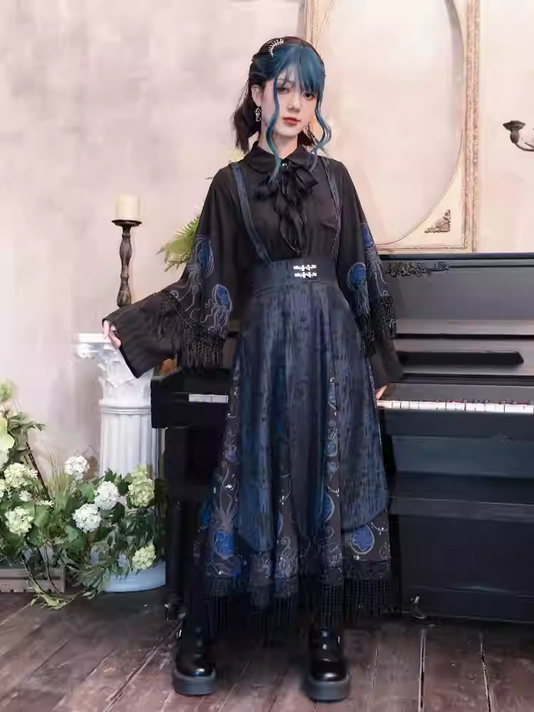 Blue Jellyfish Print Black Peter Pan Collar Tassel Cuffs Cheongsam Style Blouse with Self-tie Bow
