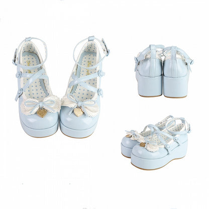 Buckle Ankle Strap Sweet Blue Knotted Bow Accent Platforms