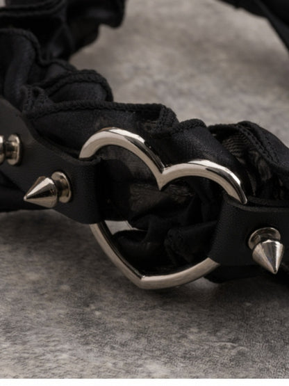 Black Gothic Ruffle Trim Decorated Studs With Heart Design KC