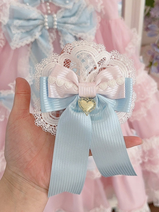 White&Blue Heart Charm Lace Detail Bowknot Hairclip