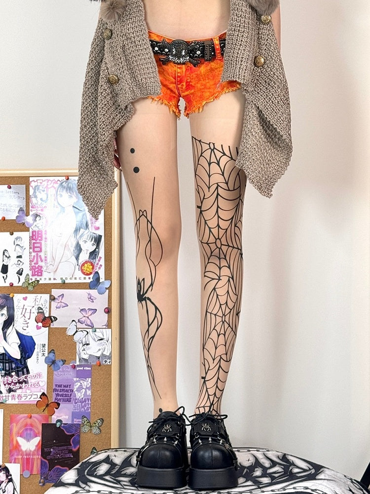 Nude Gothic Spider And Spiderweb Print Tights