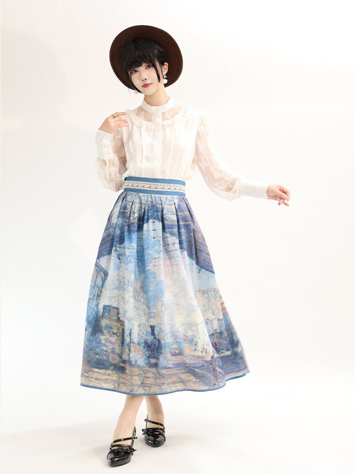 Gare Saint-Lazare Oil Painting Print Blue High Waist Skirt Short Version