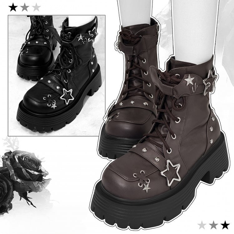 Brown Star Buckle Straps Bat Wings Y2K Platform Ankle Boots