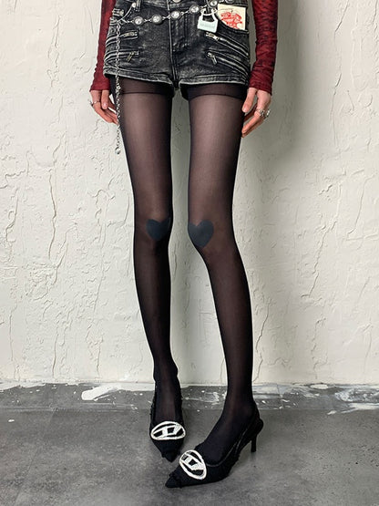 Nude/Black Heart Print Tights