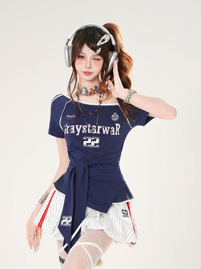 Red/Blue Asymmetrical Neckline Blokette Core T-shirt Self-tie Straps at Waist