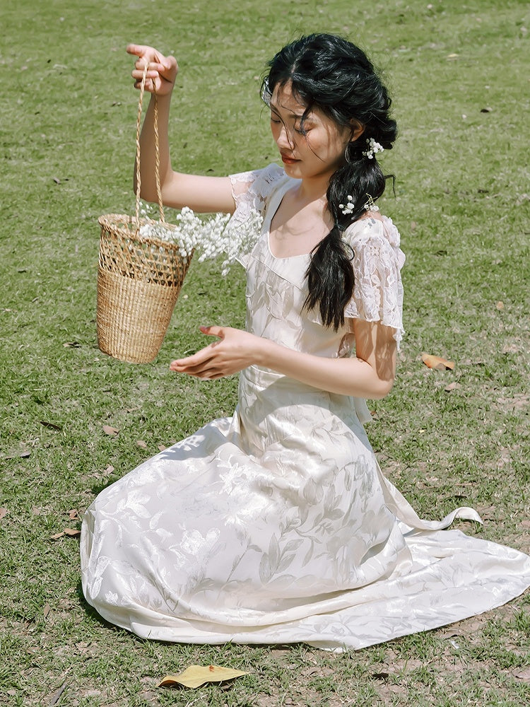 Vintage White Jacquard Lace Sleeves Summer Dress
