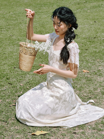 Vintage White Jacquard Lace Sleeves Summer Dress