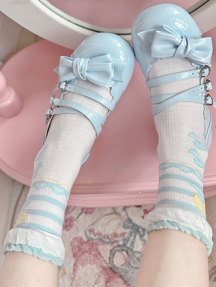 Blue Lemon Bowknot Print Ruffle Trims Sweet Lolita Calf Socks