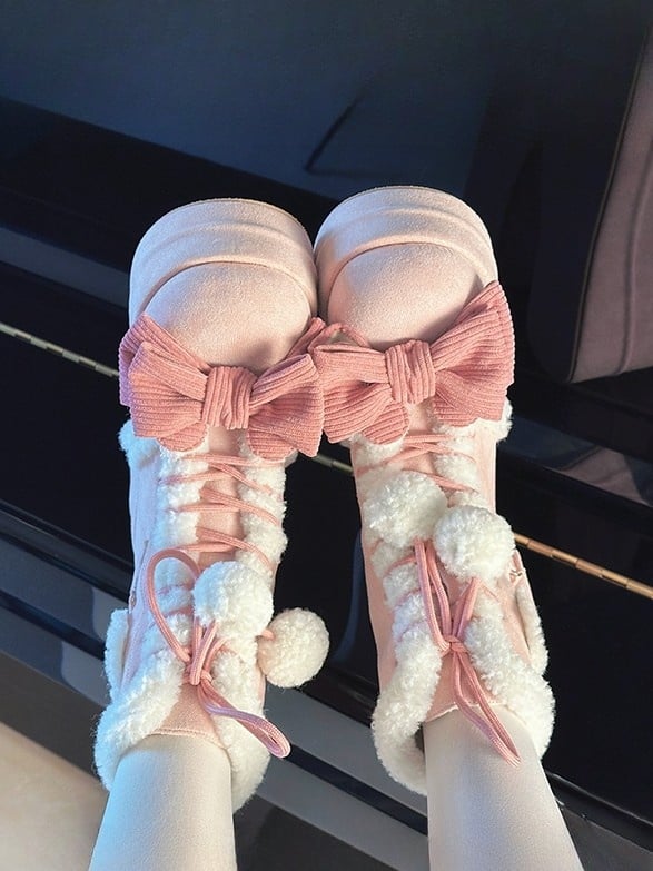 6cm/8.5cm Platform Pink Sweet Style Winter Boots with Heart Patches & Bow Accents