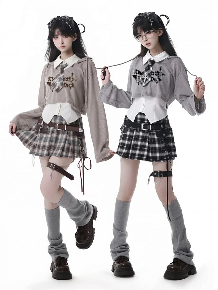 Y2K Lace-up Detail Black & White/ Khaki Plaid Skort with Buckle Belt and Chain