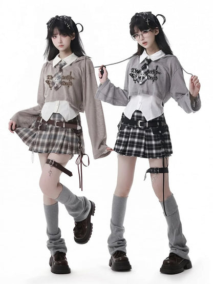 Y2K Lace-up Detail Black & White/ Khaki Plaid Skort with Buckle Belt and Chain