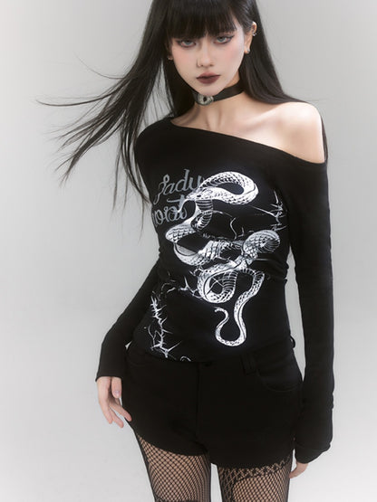 Black Asymmetrical Neckline Snake Print Slim-fitting Top