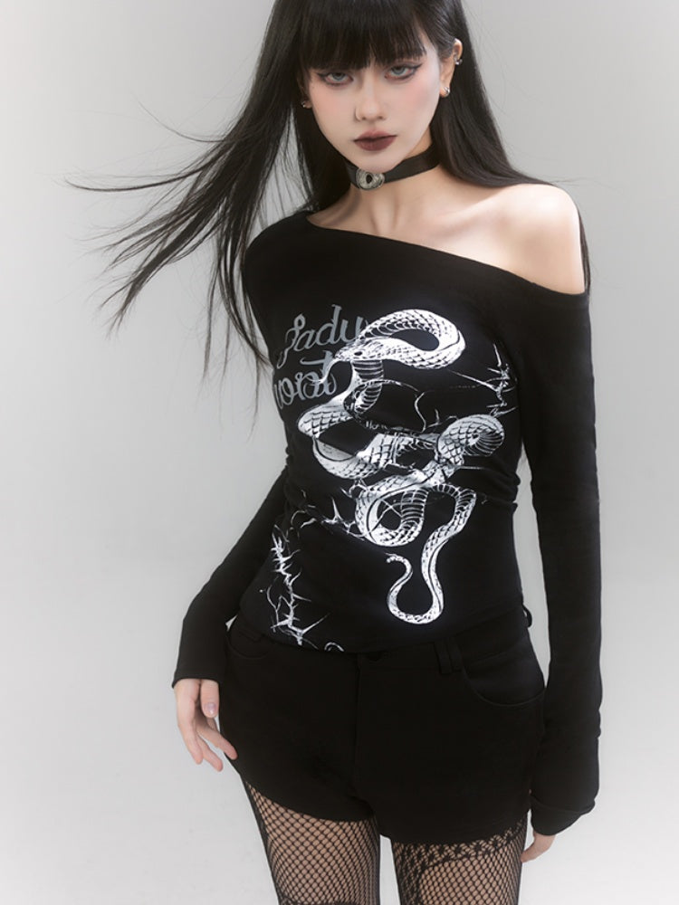 Black Asymmetrical Neckline Snake Print Slim-fitting Top