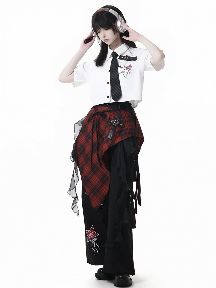 Handkerchief Hem Cascading Ruffles Black and Red Plaid Waist Accessory