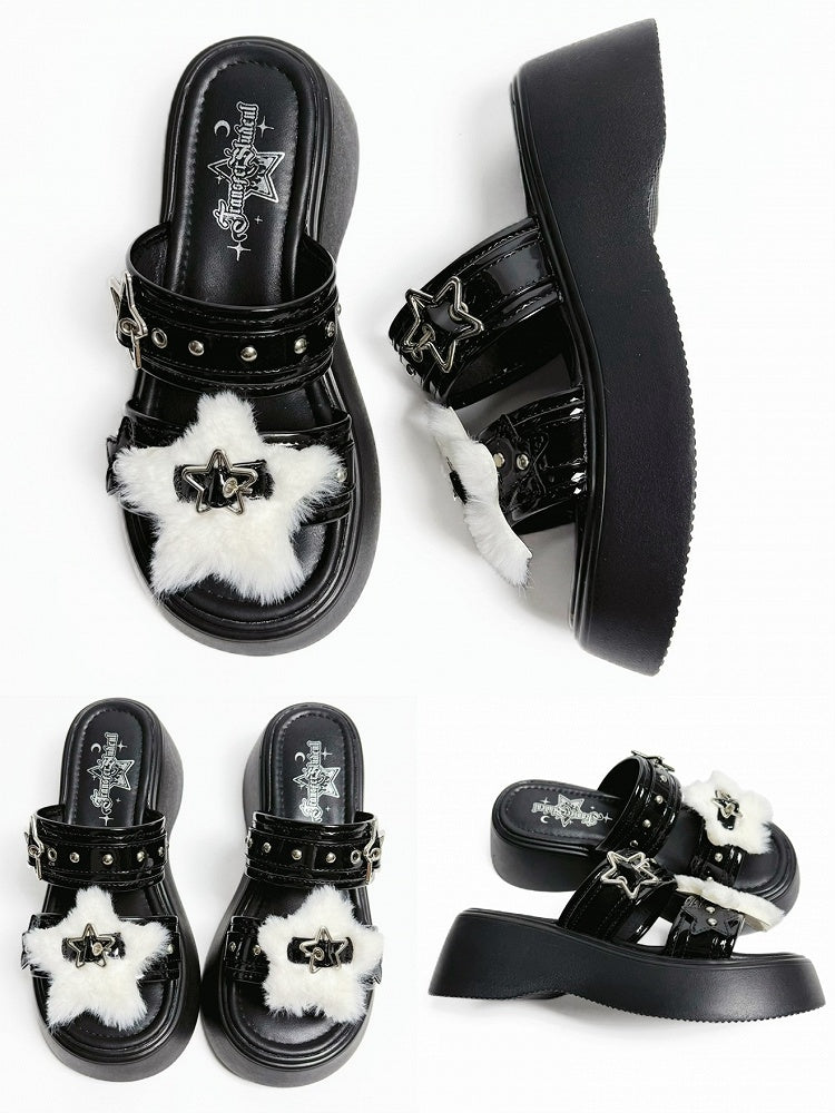 Alt-Goth Black Platform Slippers – Star Buckles, Metal Studs & White Fleece Top