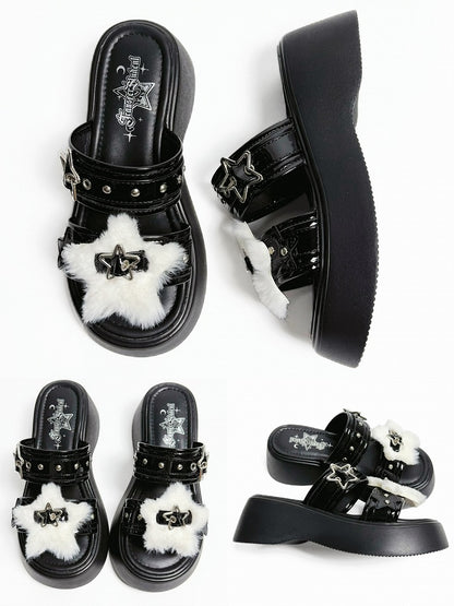 Alt-Goth Black Platform Slippers – Star Buckles, Metal Studs & White Fleece Top