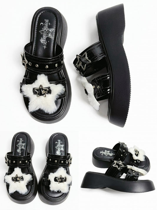 Alt-Goth Black Platform Slippers – Star Buckles, Metal Studs & White Fleece Top