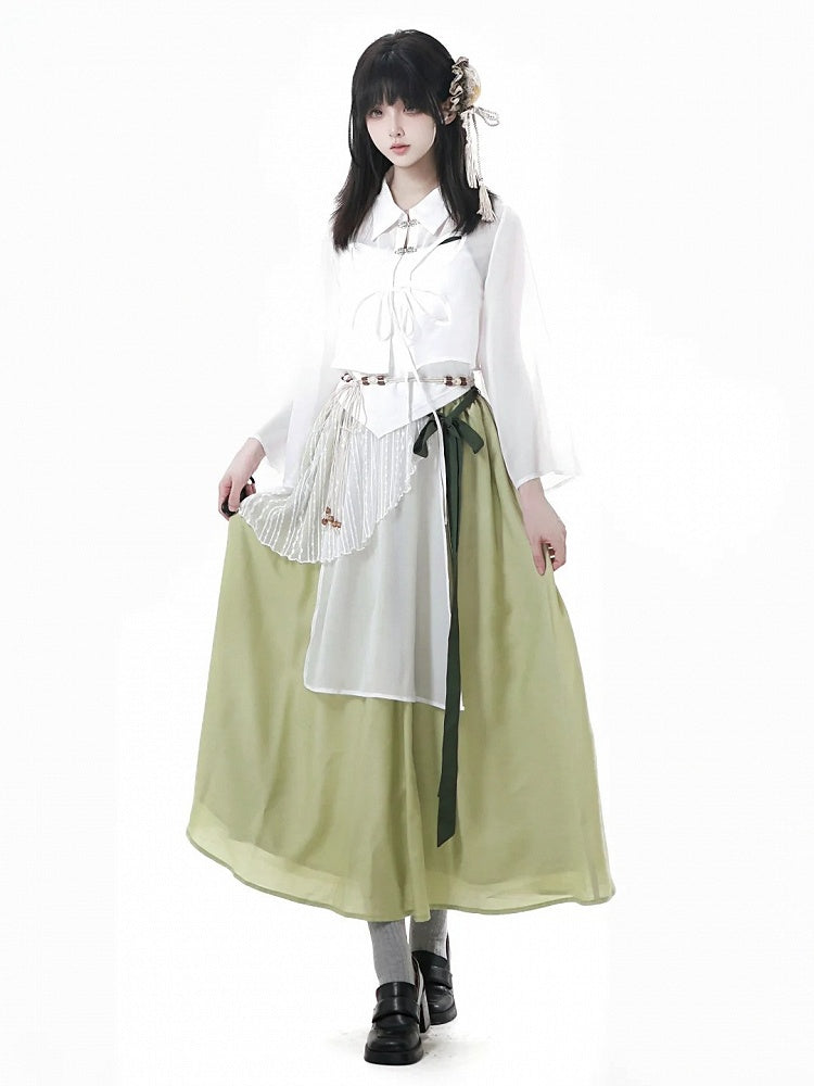 Green Cheongsam Style Elastic Waist Long Skirt with Waist Belt