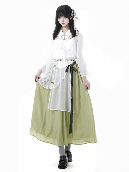 Green Cheongsam Style Elastic Waist Long Skirt with Waist Belt