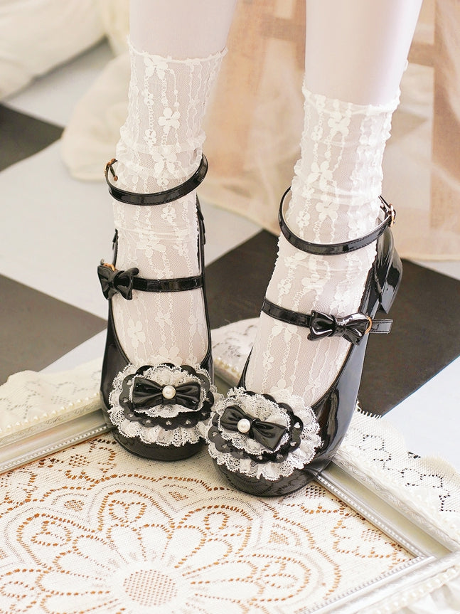 Black Bow at Top Lace Trim Heart Buckles Round Toe Lolita Shoes