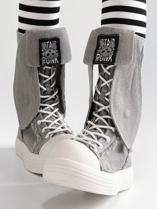 Bunny Ear Details, Raw Hem & Secure Fastening Gray Mid-Calf Boots in Punk Style