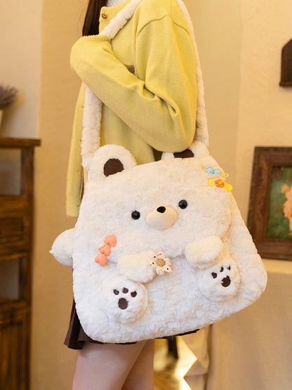 White Bear Plush Flap Backpack Bag Middle/Large Size