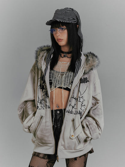 Spiderweb and Skeleton Print Gray Punk Rock Bunny Ears Fleece Zip Hoodie