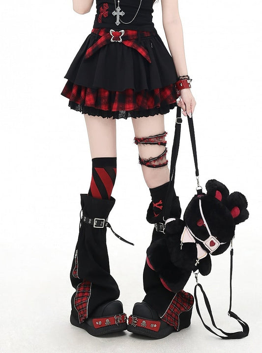 Y2K Red and Black Plaid Criss-cross Design Lace Trim Tiered Skirt