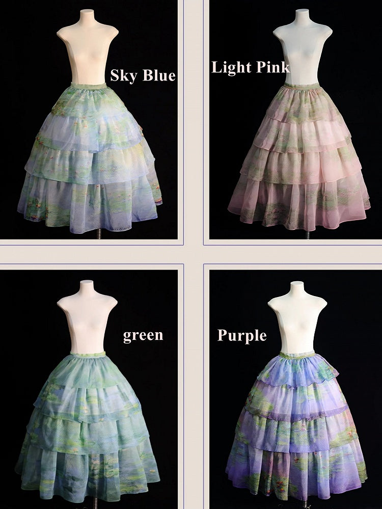 Sky Blue/Light Pink/Purple/Green Oil Painting Print Organza Tiered Skirt