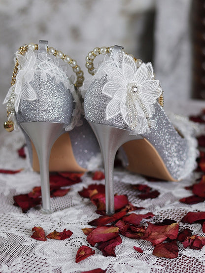 Silver Glittering Floral Detachable Beaded Chain 7CM/9CM Hime Lolita High Heels
