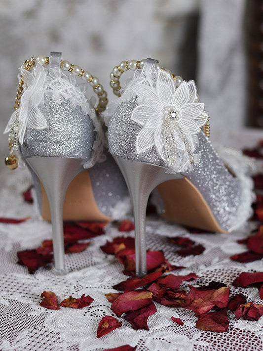 Silver Glittering Floral Detachable Beaded Chain 7CM/9CM Hime Lolita High Heels