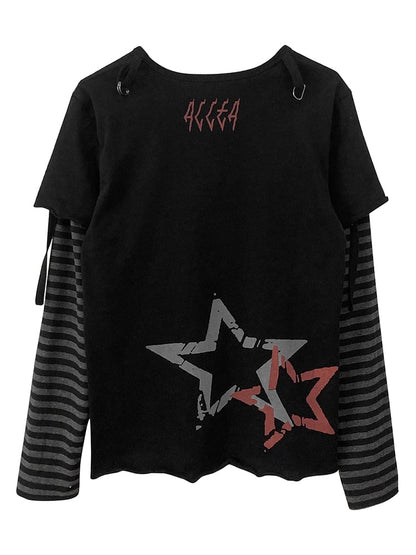 Skull and Stars Print Black Long Sleeves Top Fake Two-pieces