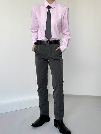 Ouji Lolita Gray High-waist Straight-Leg Pants with Slant Pockets & Belt Loops