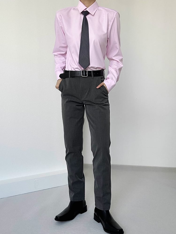 Ouji Lolita Gray High-waist Straight-Leg Pants with Slant Pockets & Belt Loops